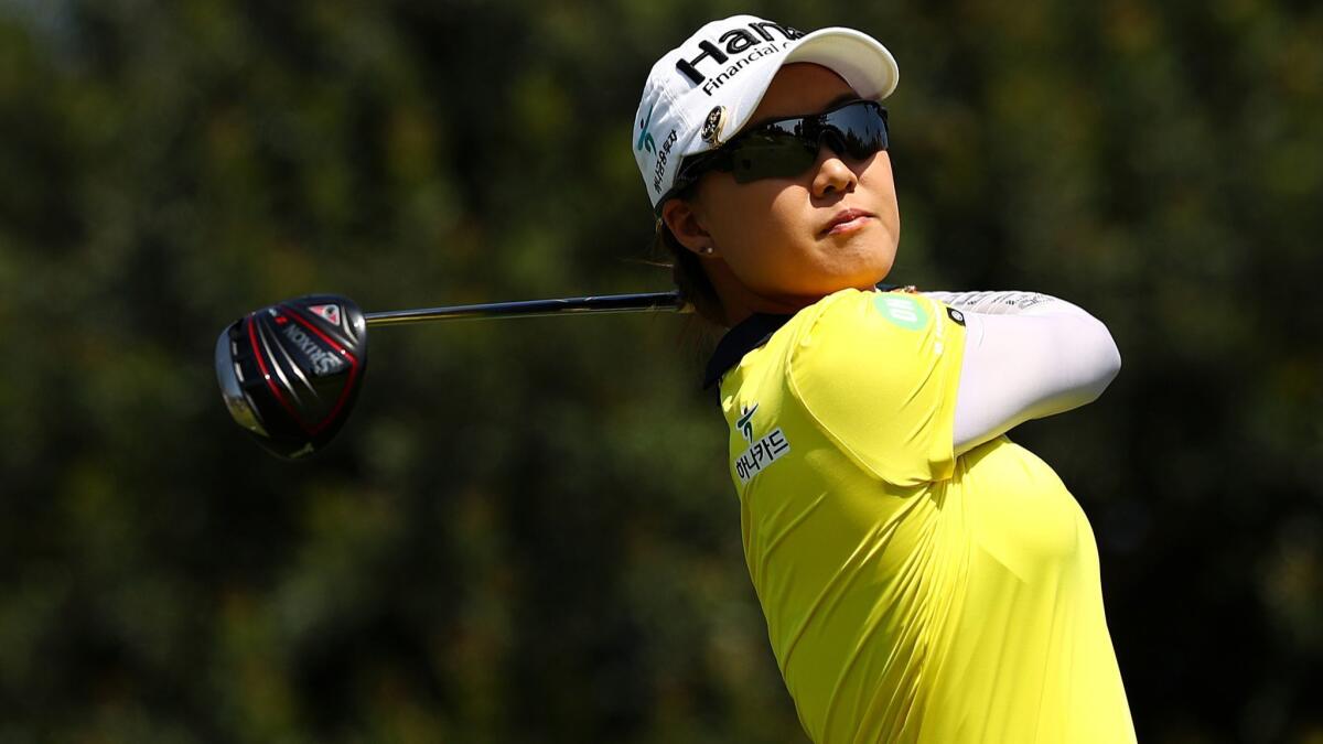 Minjee Lee plays her shot from the sixth tee during round two of the Hugel-Air Premia L.A. Open at Wilshire Country Club on Friday.