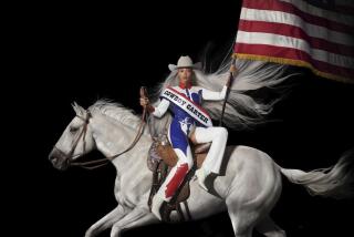'Cowboy Carter' album art of Beyoncé in a red-white-and-blue rodeo outfit riding a horse and holding an American flag