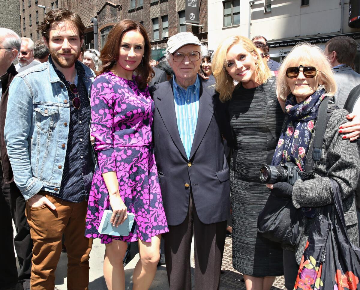 Sheldon Harnick is surrounded by, from left, “Fiddler on the Roof” cast member Ben Rappaport and “She Loves Me” cast members Laura Benanti and Jane Krakowski, along with Harnick’s wife, Margery Gray Harnick, at an event celebrating the lyricist last month.
