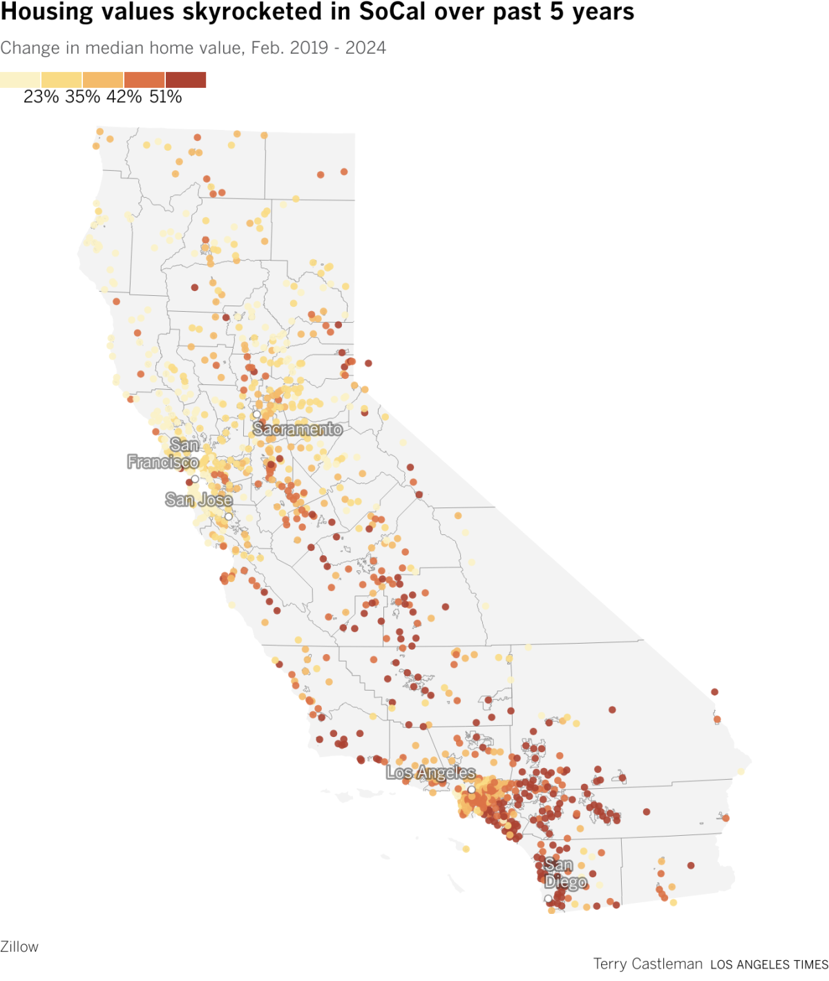 Map showing housing values rose fastest in Southern California cities over past 5 years