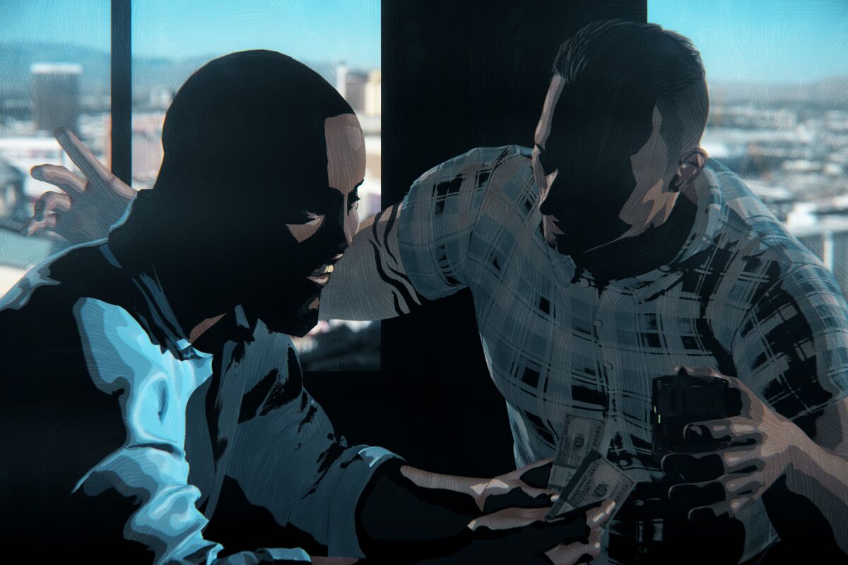 An illustration of two men talking