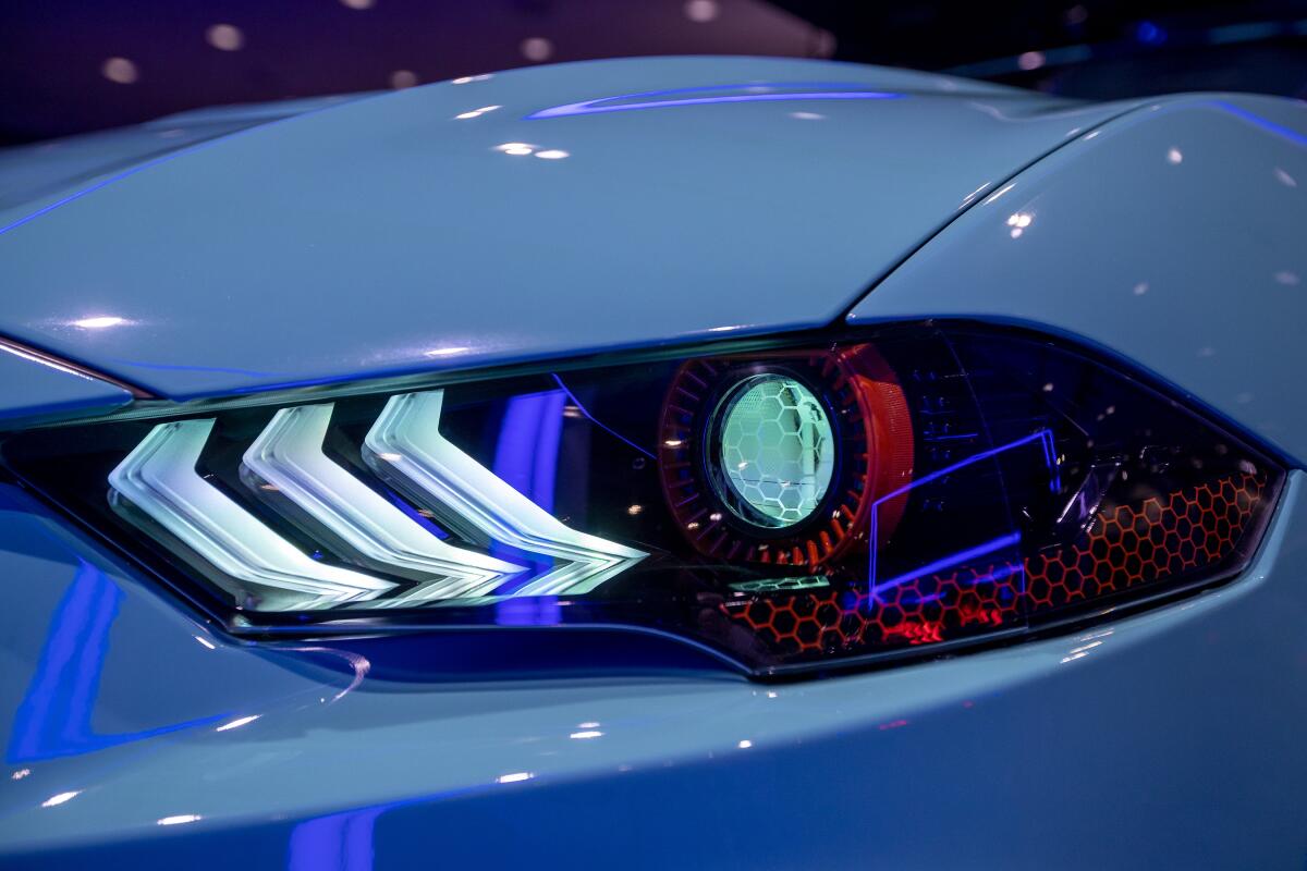 Detail of the headlights of the 2021 Ford Mustang Coupe premium