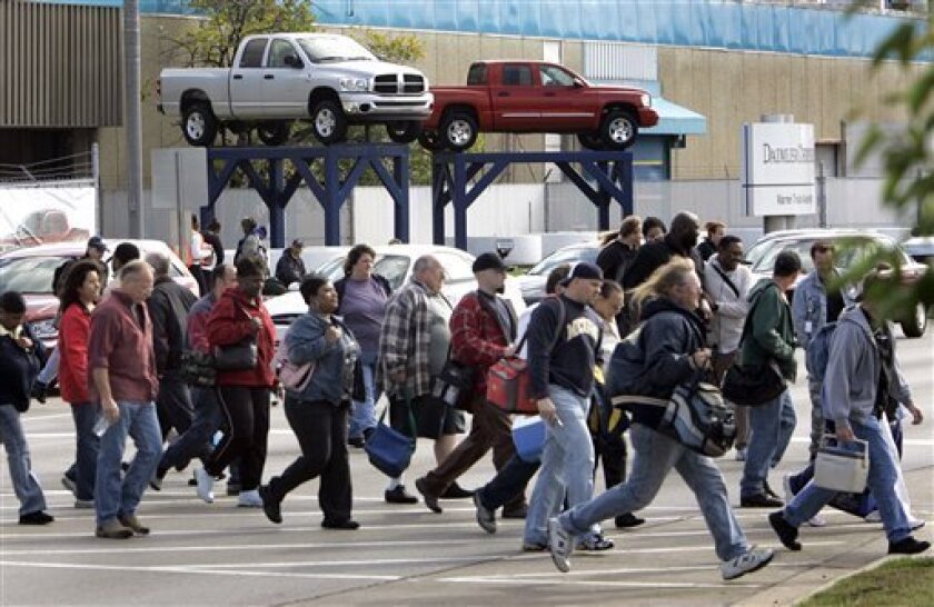 In this Oct. 24, 2008 file photo, United Auto Workers leave the Warren Truck Assembly in Warren, Mich., during a shift change. A quarter-century ago, Michigan's monthly unemployment rate hit 17 percent. As General Motors Corp., Ford Motor Co. and Chrysler LLC officials on Tuesday, Nov. 18, 2008 appealed to Congress for loans to keep them afloat, fears of a replay have residents feeling even gloomier in this hard-hit industrial state. (AP Photo/Carlos Osorio, File)