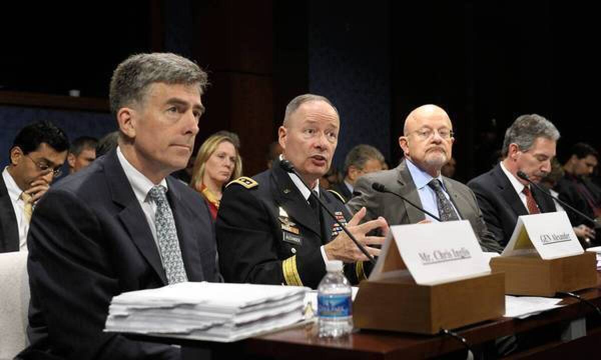 Gen. Keith Alexander, director of the National Security Agency, testifies before the House Intelligence Committee. Seated with him, from left, are Deputy NSA Director Chris Inglis, Director of National Intelligence James R. Clapper and Deputy Atty. Gen. James Cole.