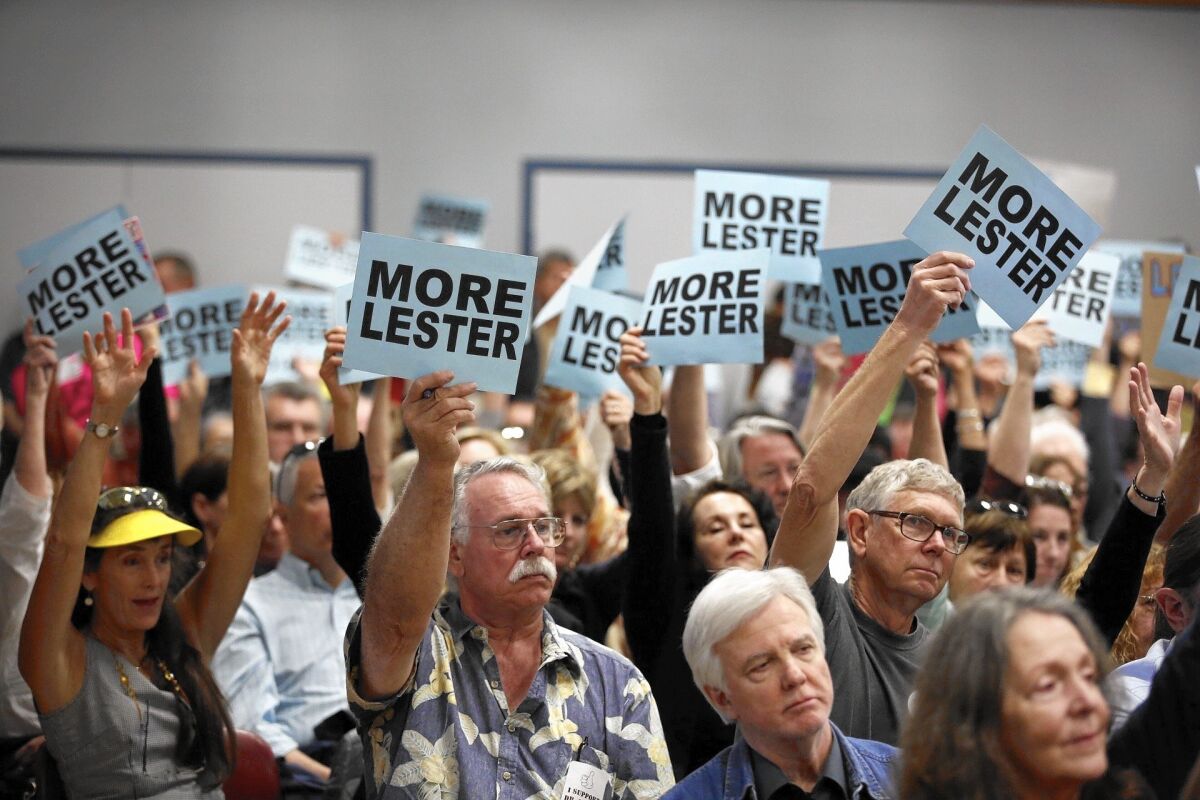 Supporters of Charles Lester, the California Coastal Commission’s executive director, fill an auditorium in Morro Bay where commissioners discussed whether to fire him.