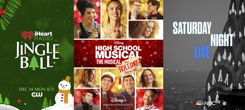 This combination photo shows key art for the “iHeartRadio Jingle Ball 2020,” a 90-minute special based on the annual concert, Monday, Dec. 14 on The CW, from left, "High School Musical: The Musical: The Holiday Special,” debuting Friday on Disney +, and "Saturday Night Live," featuring Timothée Chalamet who will make his debut as host. (The CW/Disney+/NBC via AP)