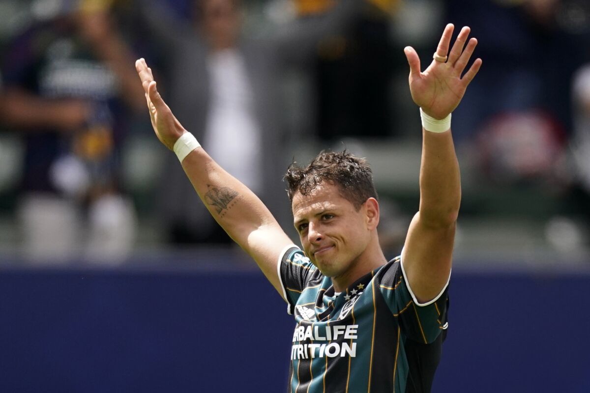 Galaxy star Javier "Chicharito" Hernández celebrates a goal against Austin FC.