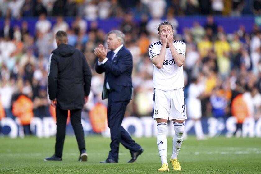 Leeds United's Luke Ayling after losing 1-4 to Tottenham Hotspur in the English Premier League soccer match at Elland Road, Leeds, England, Sunday May 28, 2023. (Tim Goode/PA via AP)