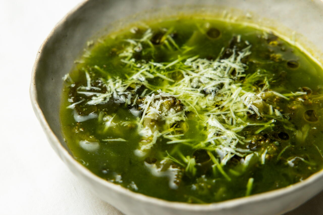 “Mightiest Greens Soup” made with kale, broccoli, escarole, and spinach