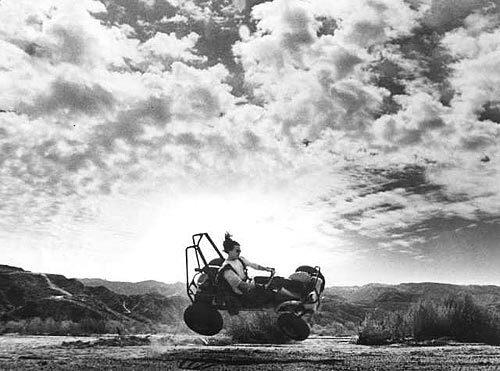 James Crotzer of Glendale took advantage of balmy breezes by racing his dune buggy in the hills near Castaic.
