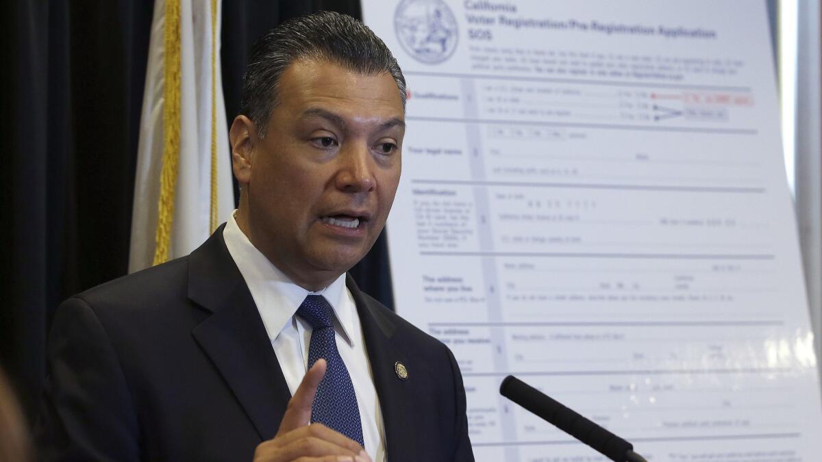 California Secretary of State Alex Padilla speaks in Sacramento in April 2018.