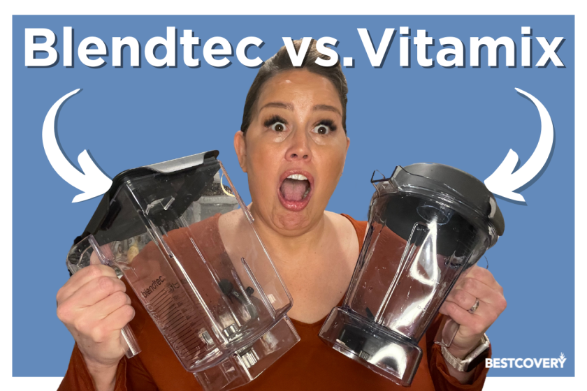 Vitamix and Blendtec jars held by reviewer