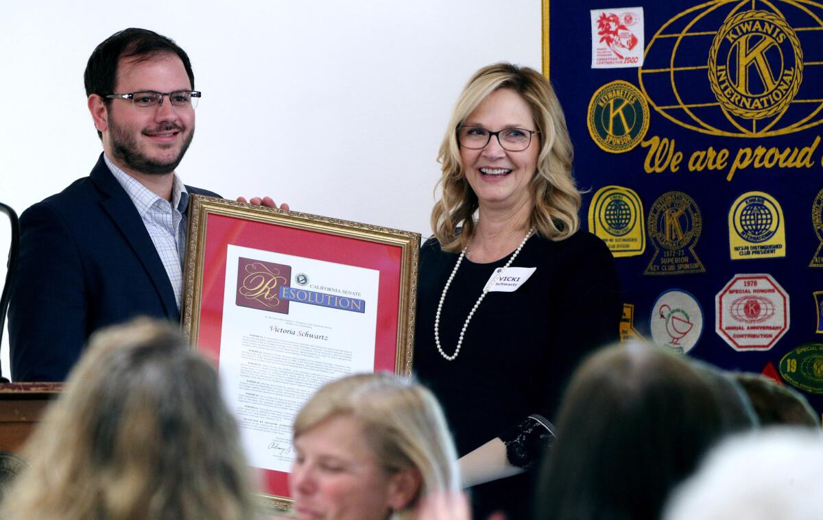Vicki Schwartz in April 2019 accepts a resolution after having been named La Cañadan of the Year by the Kiwanis Club. The nomination period has opened for this year's award program.