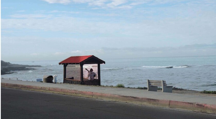 A photo illustration shows a belvedere that formerly stood at Windansea Beach on the location where another would be built.
