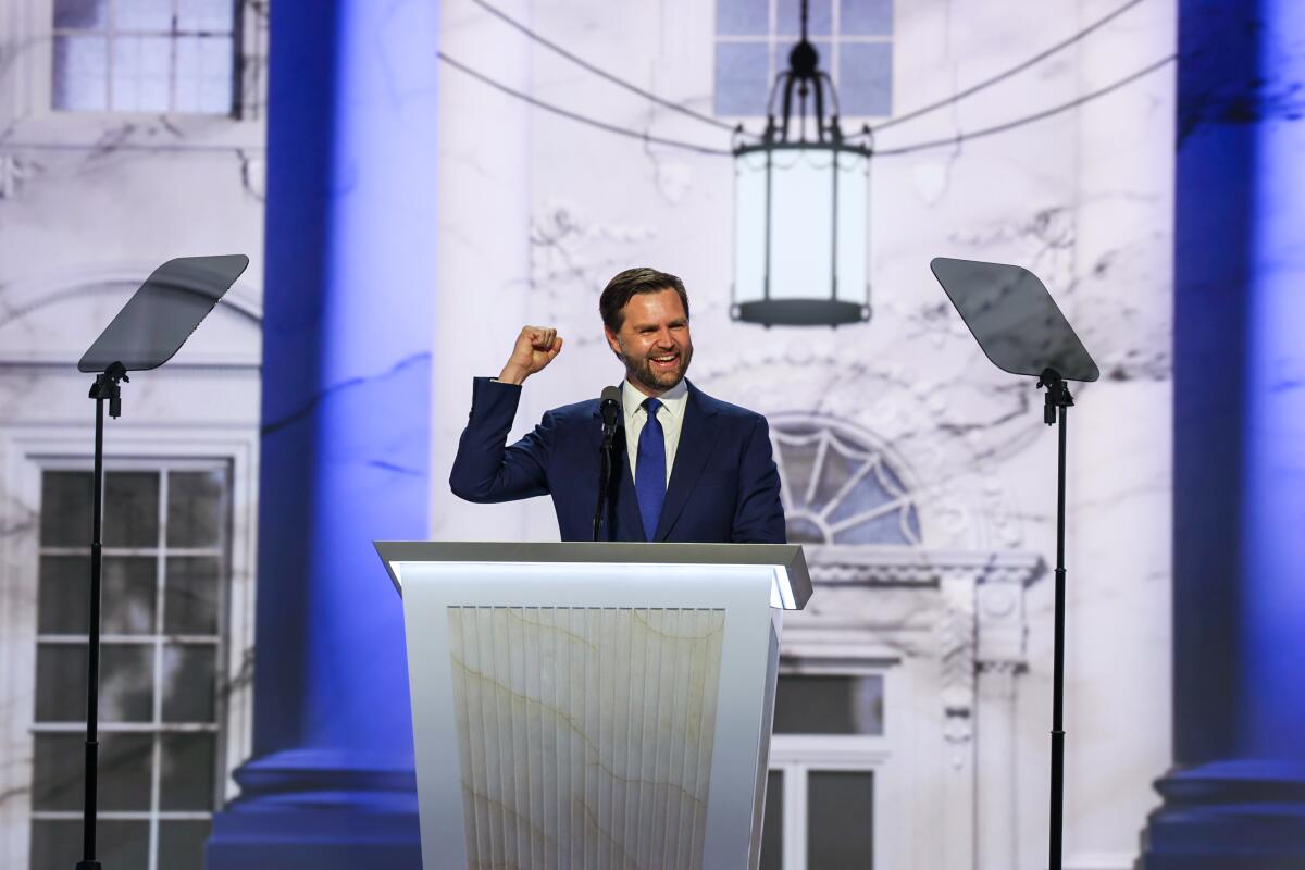 Vice Presidential nominee JD Vance speaks during the Republican National Convention in Milwaukee on July 17. 