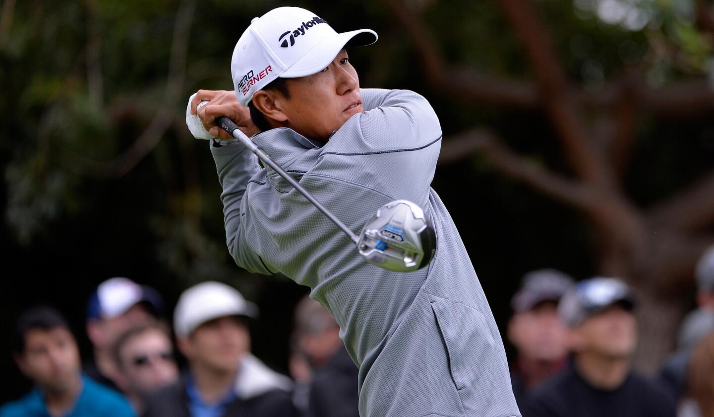 James Hahn tees off at No. 11 during the final round of the Northern Trust Open on Sunday at the Riviera Country Club.