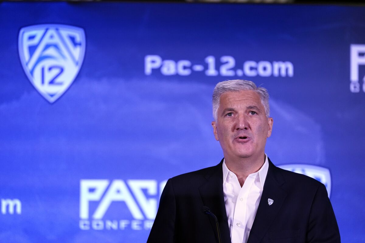 Pac-12 Commissioner George Kliavkoff speaks during the Pac-12 Conference NCAA college football Media Day Tuesday, July 27, 2021, in Los Angeles. (AP Photo/Marcio Jose Sanchez)