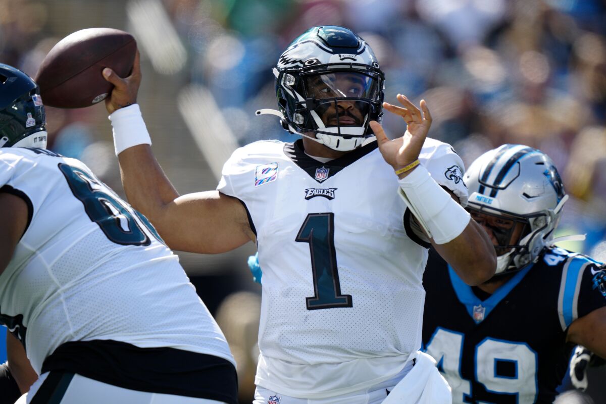 Philadelphia Eagles quarterback Jalen Hurts passes against the Carolina Panthers.