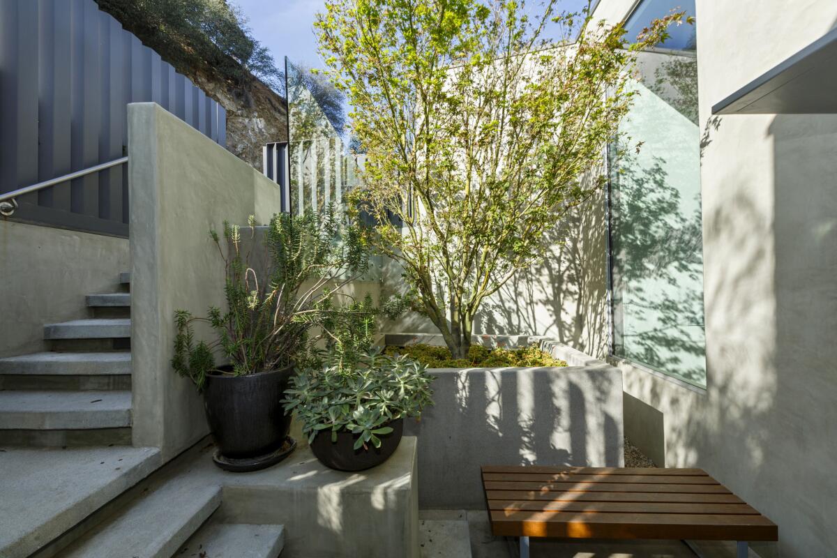 A new courtyard creates a private exterior room where the family can read on a teak bench by John Dunne.