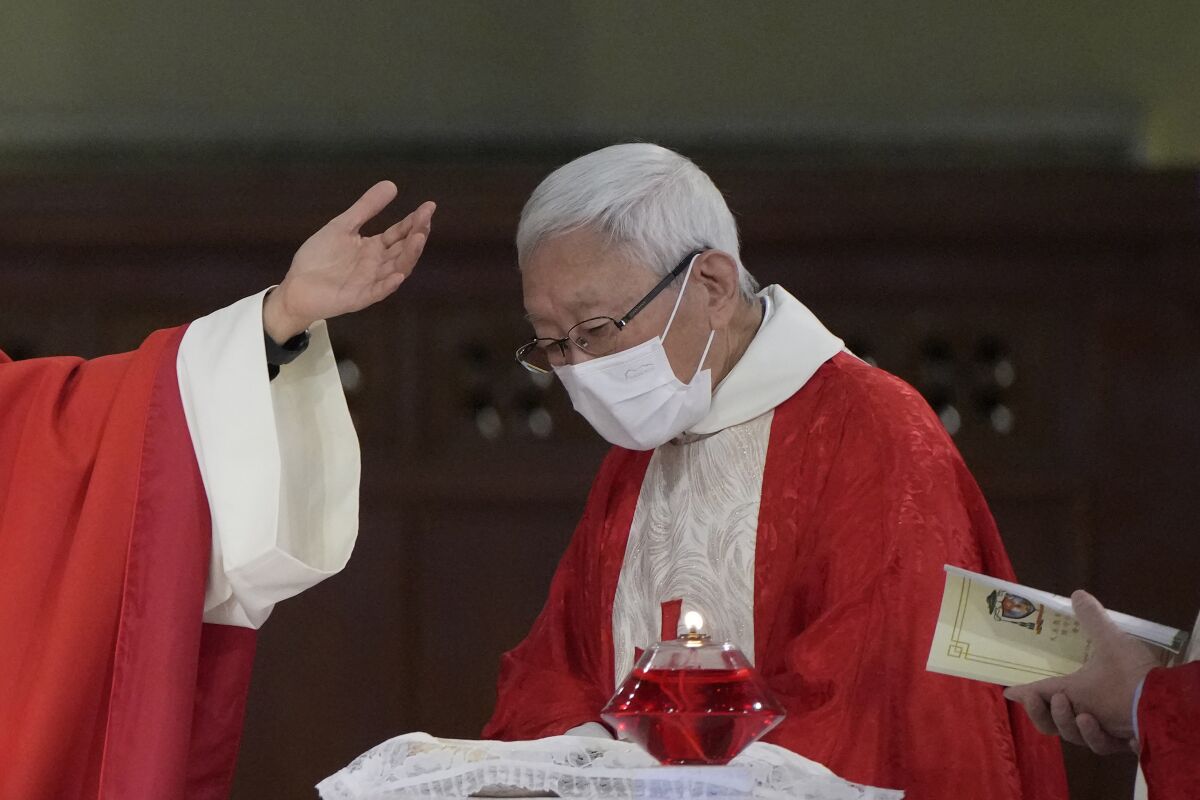 Retired archbishop of Hong Kong Joseph Zen, attends the episcopal ordination ceremony of Bishop Stephen Chow, in Hong Kong, Saturday, Dec. 4, 2021. Zen, the 90-year-old Catholic cleric arrested by Hong Kong police on national security charges, has long been a fiery critic of Beijing, along with efforts by the Vatican to reach a working arrangement with the ruling Communist Party. (AP Photo/Kin Cheung)
