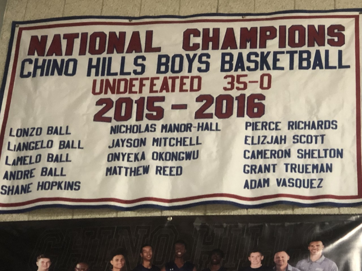 A banner recognizing Chino Hills' undefeated 2015-16 season hangs in the high school gym.