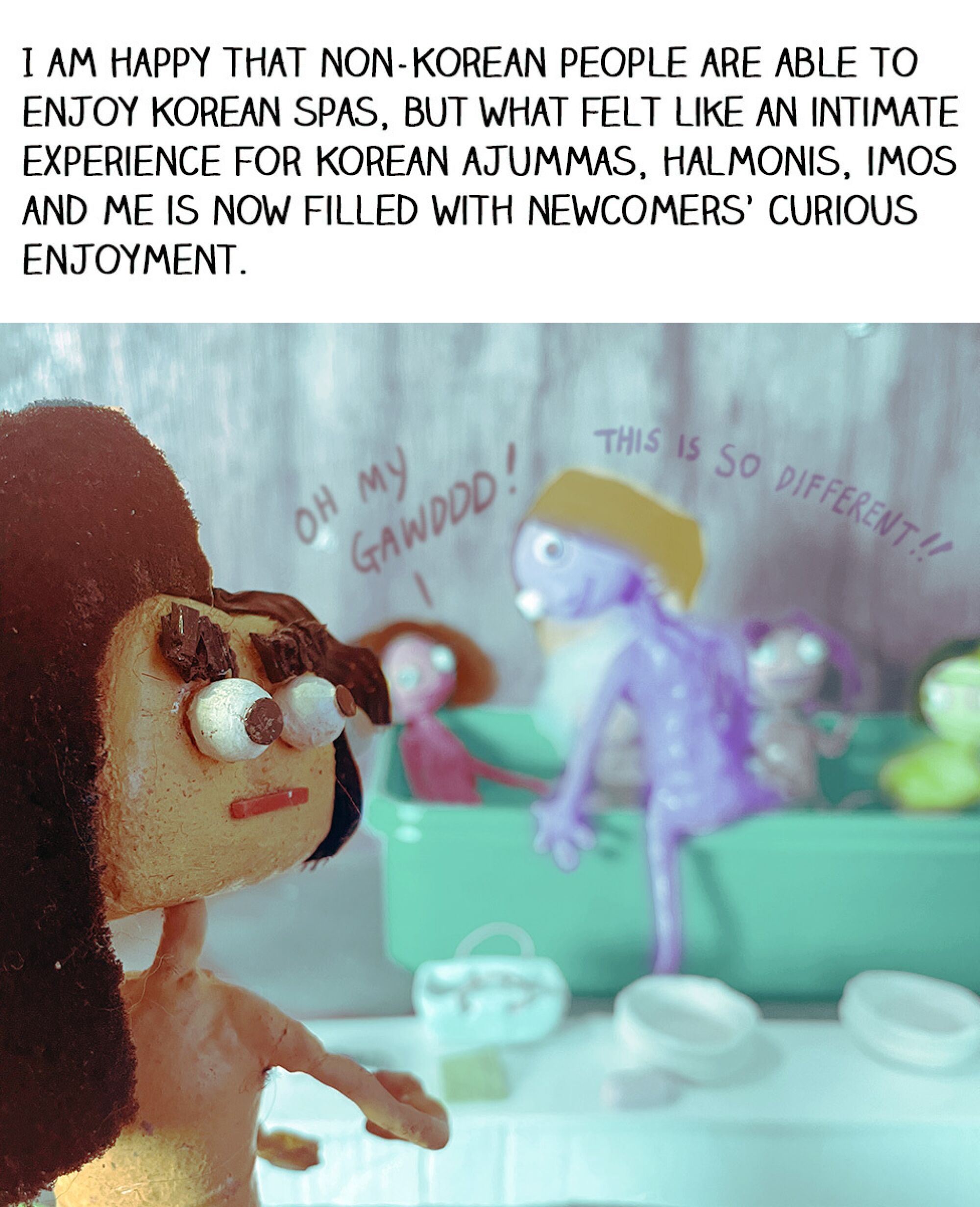 A photo of a Korean puppet looking at non-Korean puppets who are curious about the spa.