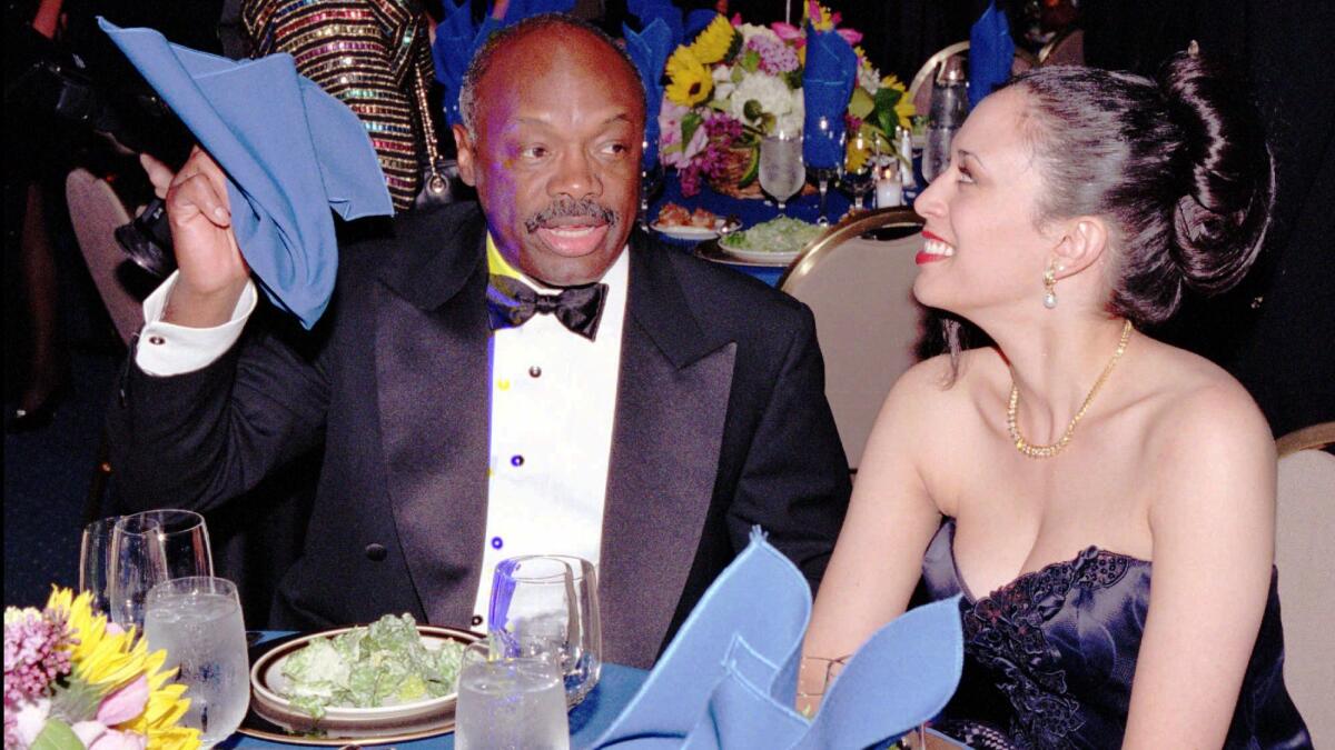 California Assembly Speaker Willie Brown and Kamala Harris during a celebration of his political career in San Francisco on April 22, 1995.