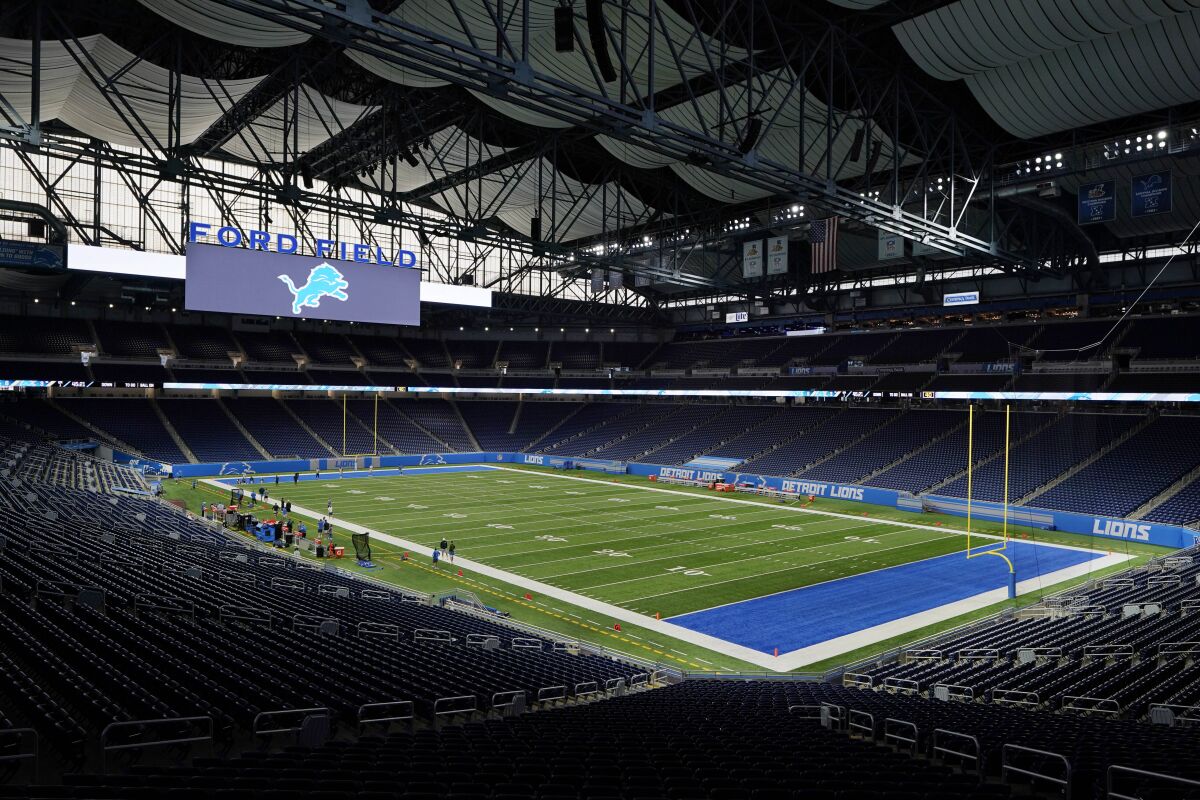 Ford Field, home to the Detroit Lions, is seen before drills at an NFL football practice, Wednesday, Sept. 2, 2020, in Detroit. (AP Photo/Carlos Osorio)