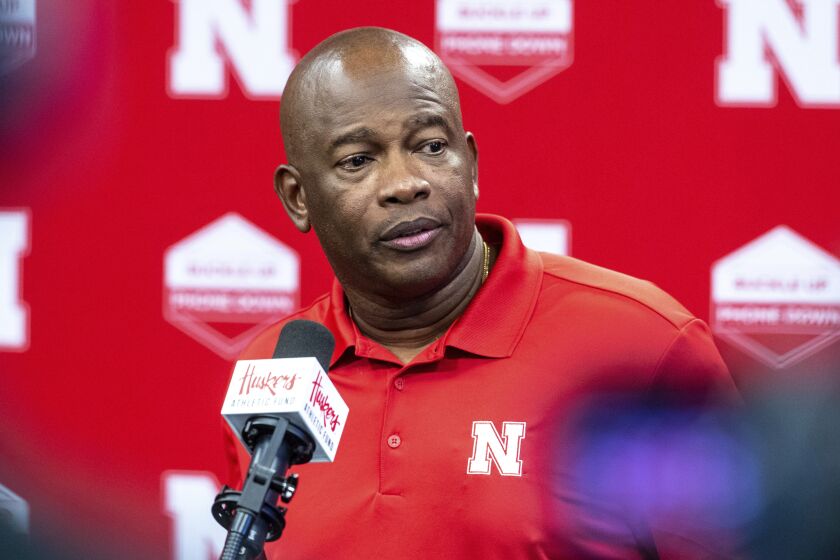 FILE - Interim Nebraska head football coach Mickey Joseph answers questions from the media since being named the position, Sept. 13, 2022 in Lincoln, Neb.. Mickey Joseph, who served as Nebraska's interim coach for nine games after Scott Frost's firing, was arrested Wednesday, Nov. 30, 2022 on suspicion of strangulation and third-degree domestic assault. (Chris Machian/Omaha World-Herald via AP)