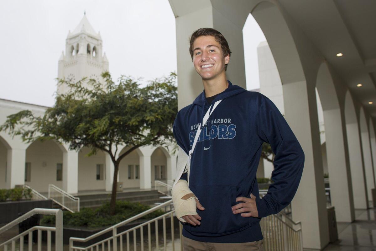 Newport Harbor goalkeeper Chandler Siemonsma is the Daily Pilot Male Athlete of the Week. He helped the Newport Harbor boys’ soccer team win its first two Sunset League matches last week. Siemonsma fractured his right hand in a game against Los Alamitos on Wednesday night.