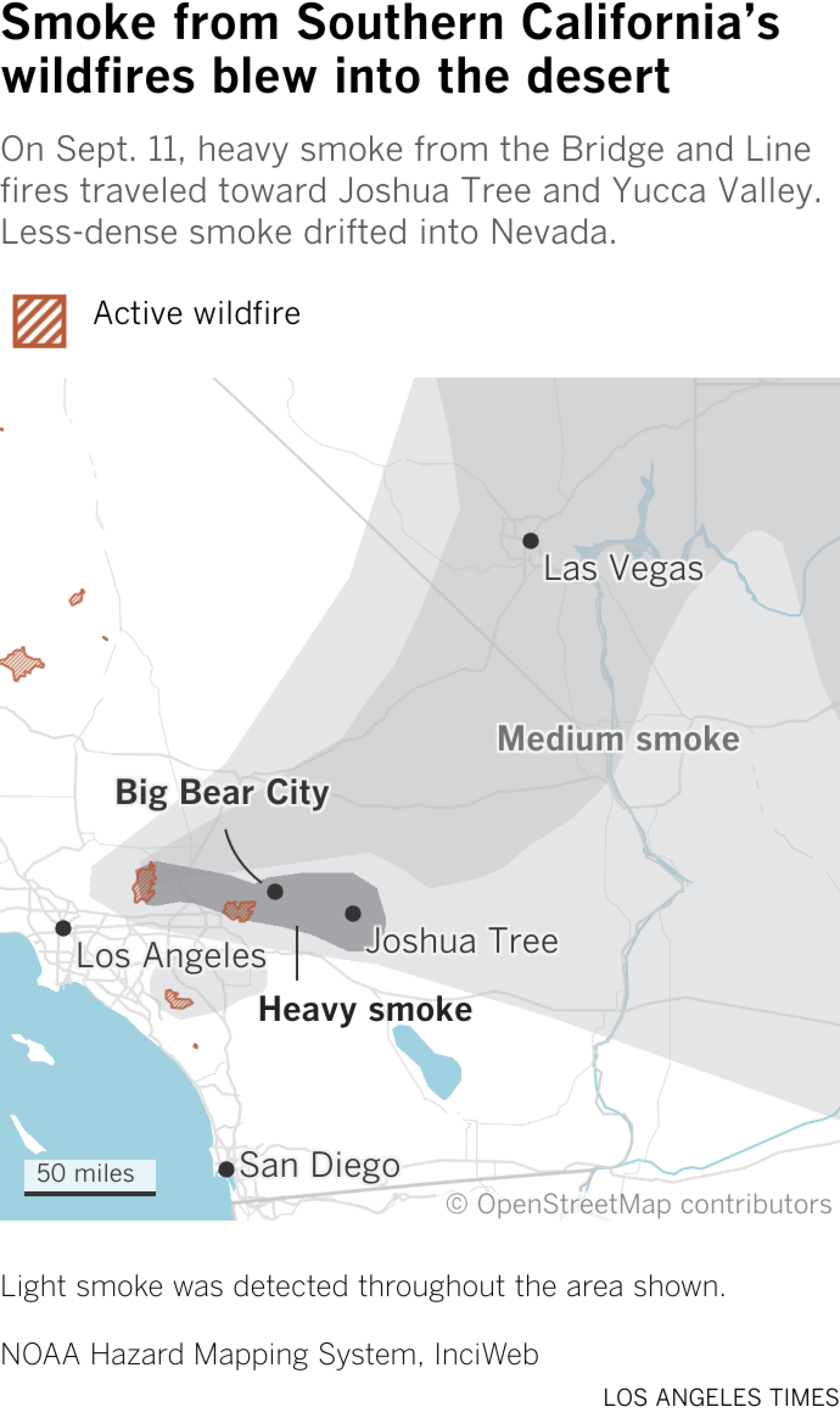 Map shows smoke plumes traveling across the Inland Empire region