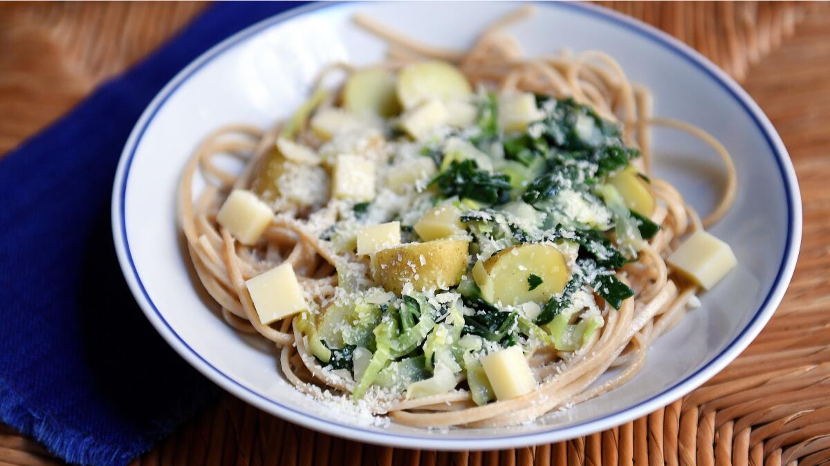 Buckwheat pasta with kale, potatoes and cabbage.