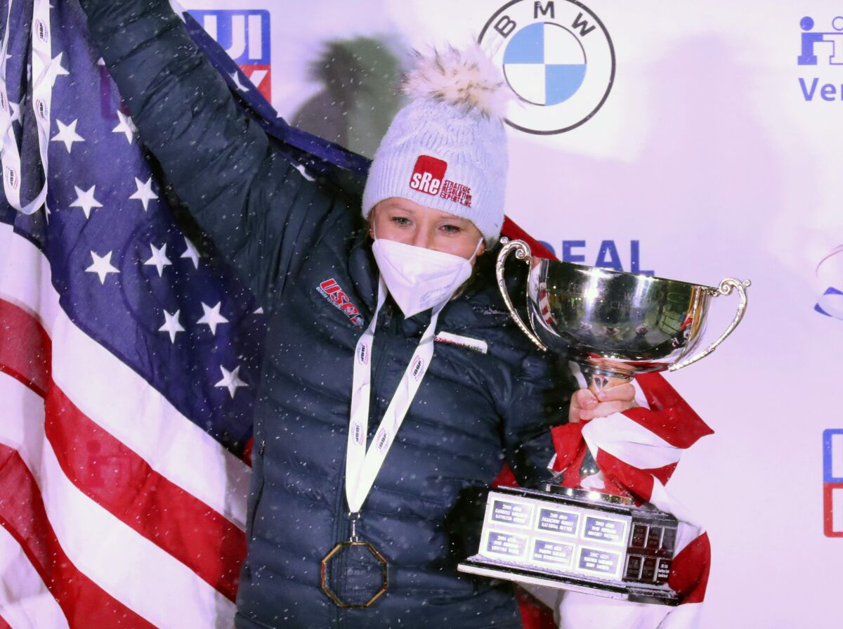 Carlsbad's Kaillie Humphries shown celebrating the most recent two-woman boblsed championship