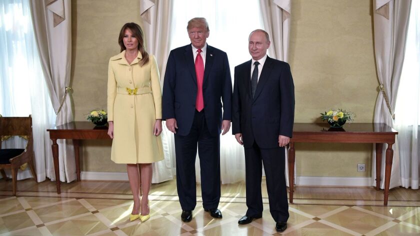 Melania Trump from left, Donald Trump and Vladimir Putin.