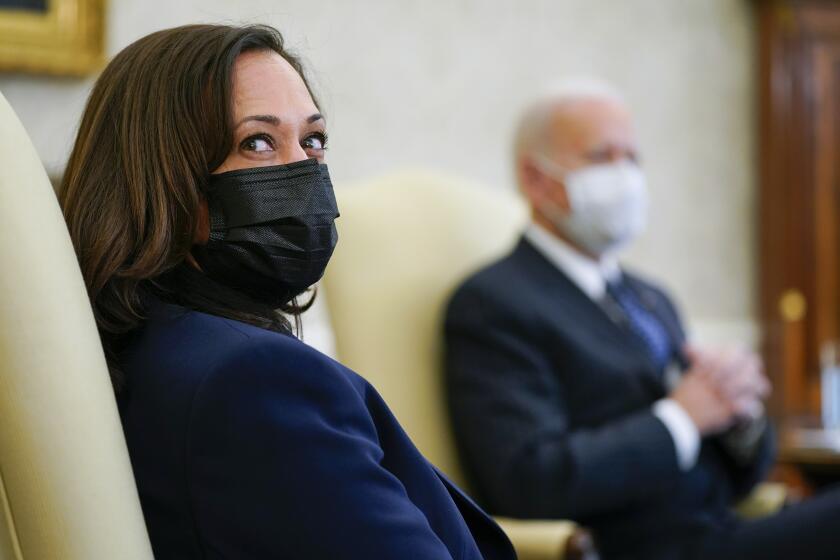 Vice President Kamala Harris meets with business leaders to discuss a coronavirus relief package with President Joe Biden and Treasury Secretary Janet Yellen in the Oval Office of the White House, Tuesday, Feb. 9, 2021, in Washington. (AP Photo/Patrick Semansky)