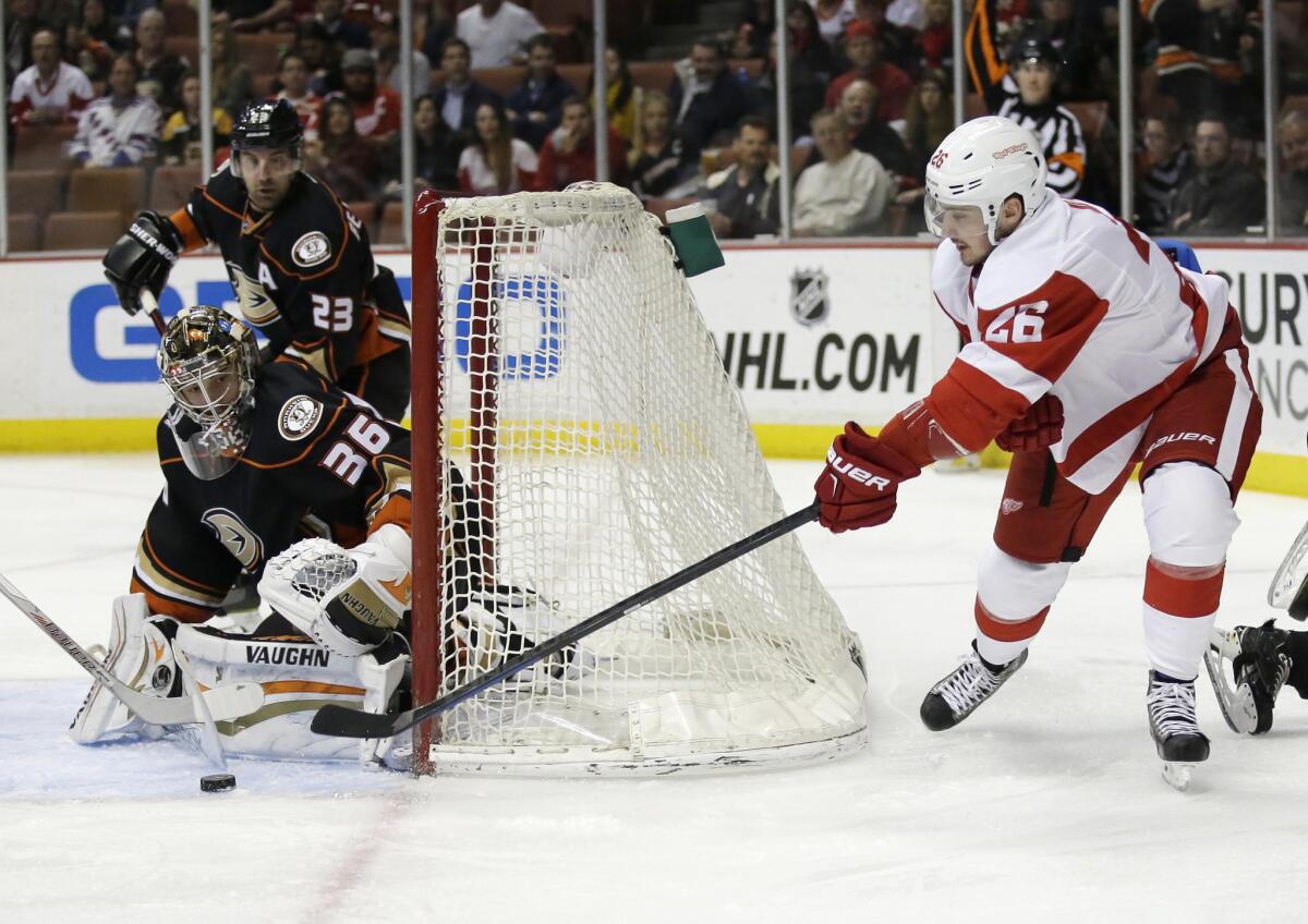 Ducks goalie John Gibson blocks a shot attempt by Red Wings forward Tomas Jurco during the first period.