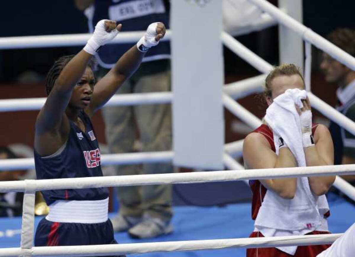 Claressa Shields reacts after her bout against Kazakhstan's Marina Volnova on Wednesday.