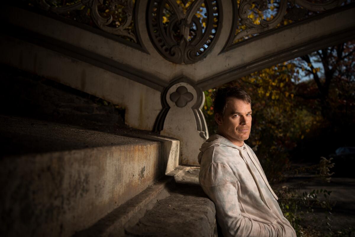 A man in a gray hoodie leans against concrete steps in Central Park.