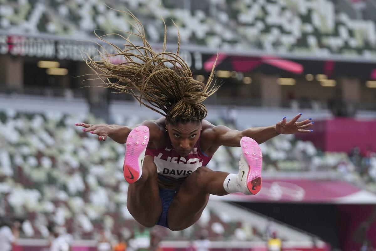 Tara Davis, of the United States, competes in the qualification rounds.