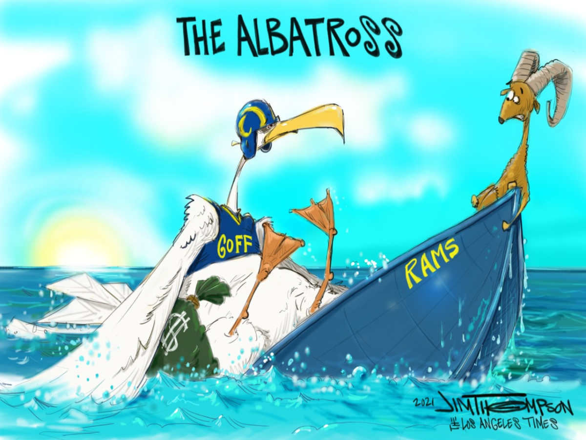Cartoon depicting Jared Goff as an albatross sinking the Rams.