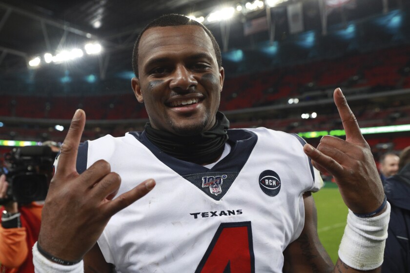 Deshaun Watson celebrates after the Texans' 26-3 win over the Jaguars on Sunday in London.
