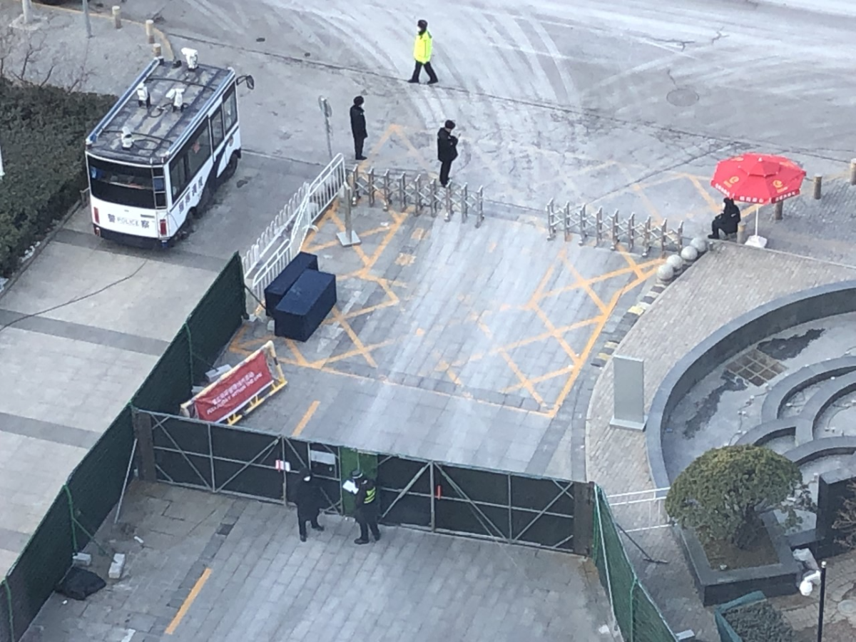 Security checkpoints outside the Crowne Plaza Sun Palace hotel in Beijing during the 2022 Winter Olympics.