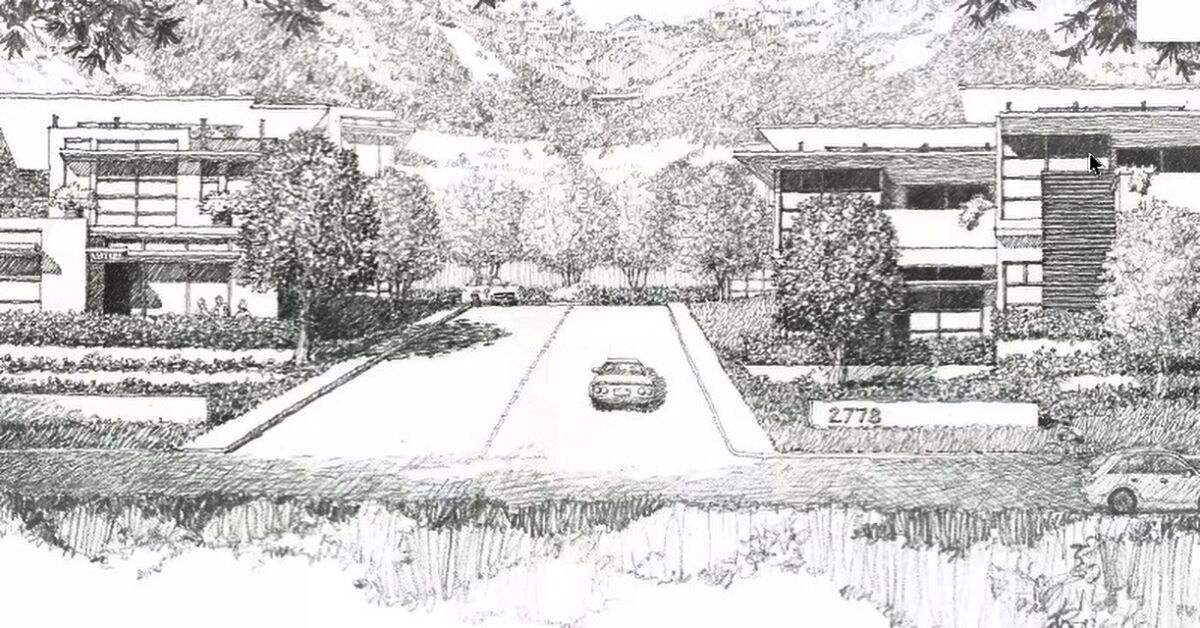 A black and white rendering of the proposed development on Via De La Valle.