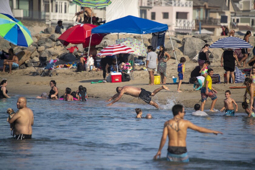 People in and out of the water at the beach.