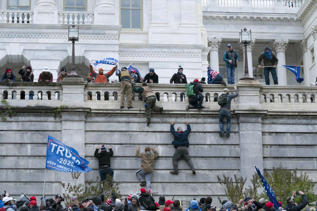 People climb a wall outside the Capitol as others wave Trump flags