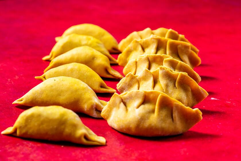 LOS ANGELES, CA- January 8, 2020: Chinese Dumplings with Turmeric Wrappers on Wednesday January 8, 2020. (Mariah Tauger / Los Angeles Times / prop styling by Kate Parisian)