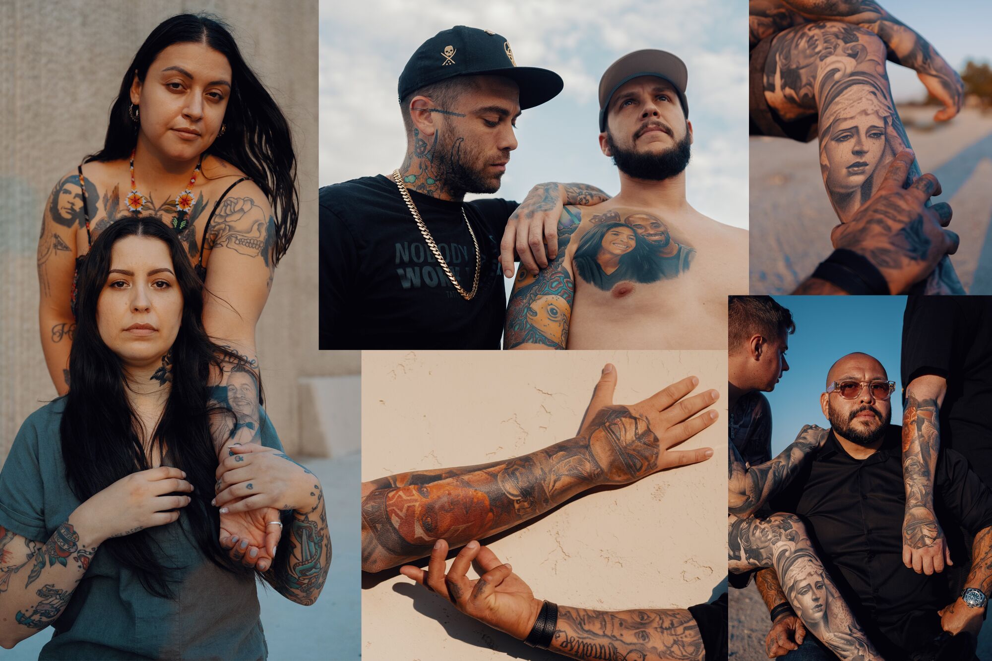 collage of three tattoo artists—Arlene Salinas, Steve Butcher, and Nikko Hurtado—and their clients