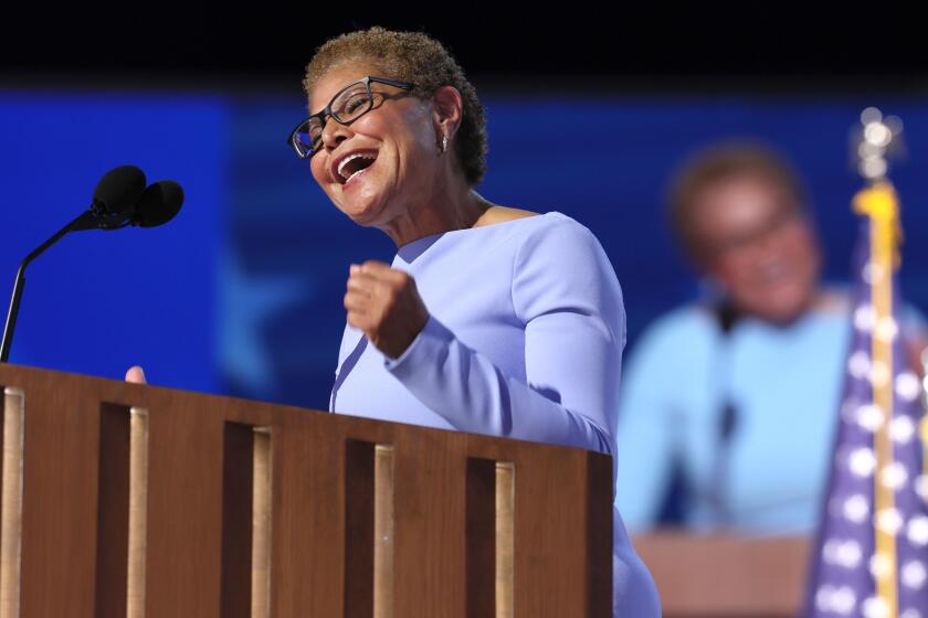 DNC CHICAGO, IL AUGUST 19, 2024 - Mayor of Los Angeles Karen Bass speaks during the 2024 Democratic National Convention at United Center in Chicago on Monday, August 19, 2024 in Chicago, IL. (Robert Gauthier/Los Angeles Times)