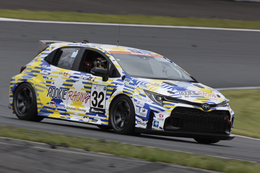 In this photo released by Toyota Motor Corp., Toyota’s Corolla racing car powered by liquid hydrogen runs on the racing course during a 24-hour race at Fuji International Speedway in Oyama town, some 100 kilometers (62 miles) southwest of Tokyo, Sunday, May 28, 2023. The hydrogen-fueled Corolla has made its racing debut, part of a move to bring the futuristic technology into the racing world and to demonstrate Toyota’s resolve to develop green vehicles. (Toyota Motor Corp. via AP)