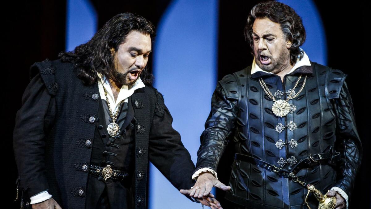 Ramon Vargas, left, as Don Carlo and Plácido Domingo as Rodrigo in Verdi's "Don Carlo," opening Los Angeles Opera's new season at the Dorothy Chandler Pavilion.